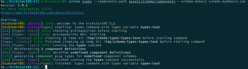 Screenshot of the kickstartDS CLI schema types subcommand