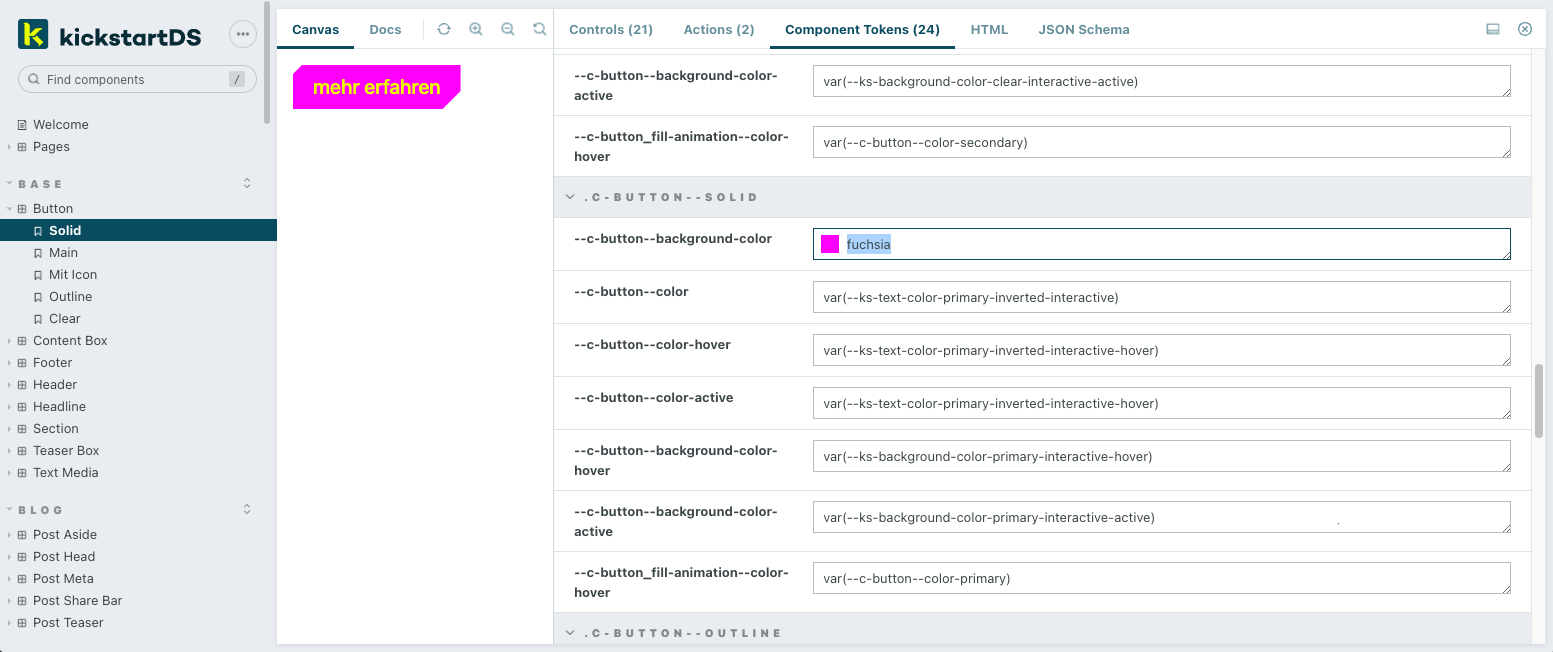 Screenshot of Storybook showing a kickstartDS component applying component token through an addon