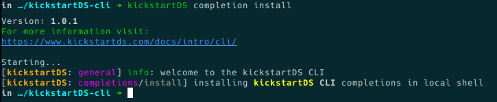 Screenshot of the kickstartDS CLI completion install subcommand