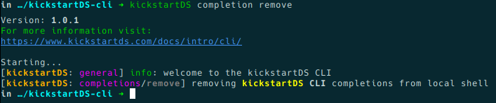 Screenshot of the kickstartDS CLI completion remove subcommand