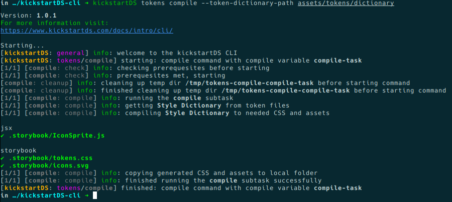 Screenshot of the kickstartDS CLI token compile subcommand
