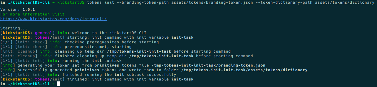 Screenshot of the kickstartDS CLI token init subcommand